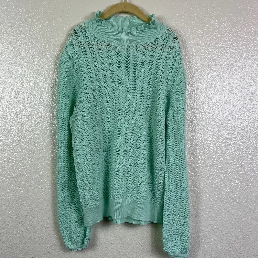 J. CREW Pointelle Sweater Women's size S Light Mint Green Lightweight Ruffle